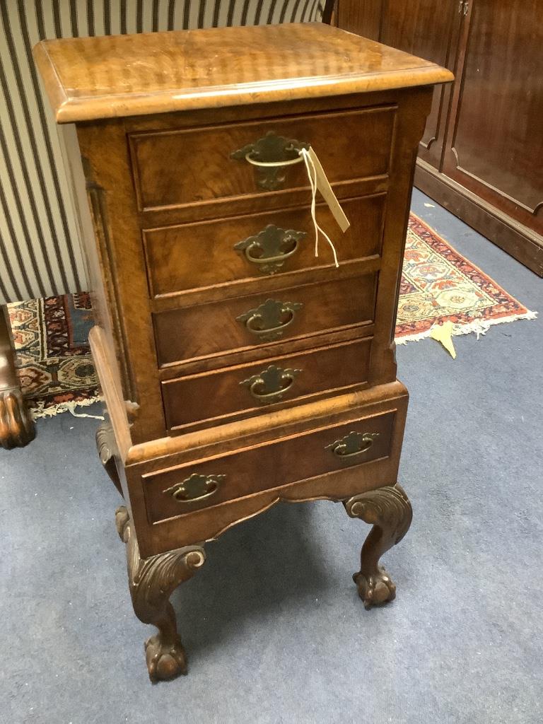 An 18th century style figural walnut small chest with five drawers, width 36cm, depth 30cm, height 72cm